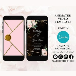Eröffnungs-Blush-Umschlag Geburtstagseinladung Vorlage, Digital animierte einladen, Gold Video-Einladungen, Sofortiger Download Evite, jedes Alter