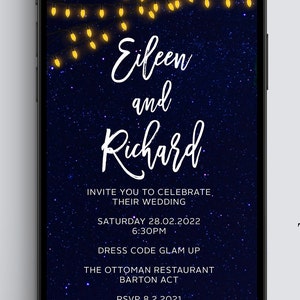 May include: A wedding invitation with a dark blue background and a starry sky design. The invitation features the names "Eileen and Richard" in white cursive font. The text includes the date, time, dress code, location, and RSVP information.