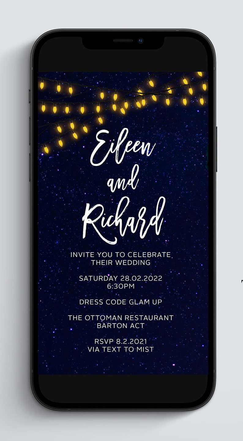 May include: A wedding invitation with a dark blue background and a starry sky design. The invitation features the names "Eileen and Richard" in white cursive font. The text includes the date, time, dress code, location, and RSVP information.