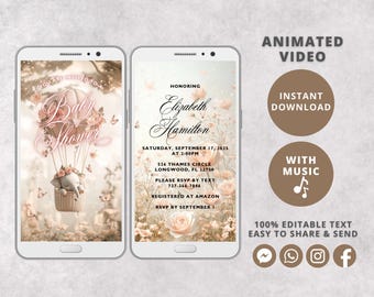 Invitación en video para baby shower con globo aerostático de elefante / Plantilla digital editable de Evite / Invitación con texto para baby shower