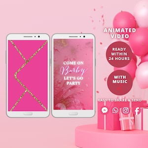 Invitación digital fiesta de muñecas, rosa fuerte purpurina dorada MP4 de 20 segundos