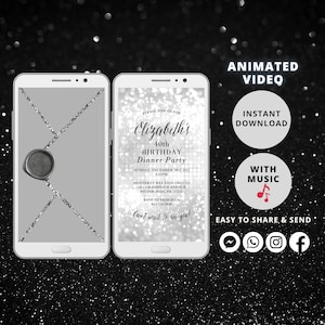 May include: A silver glitter animated video invitation for a 40th birthday dinner party. The invitation features a wax seal and the text "Elizabeth's 40th Birthday Dinner Party".