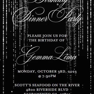 A vertical digital invitation features a black background with silver glitter drip effects at the top and white text reading Birthday Dinner Party for Gemma Lima.