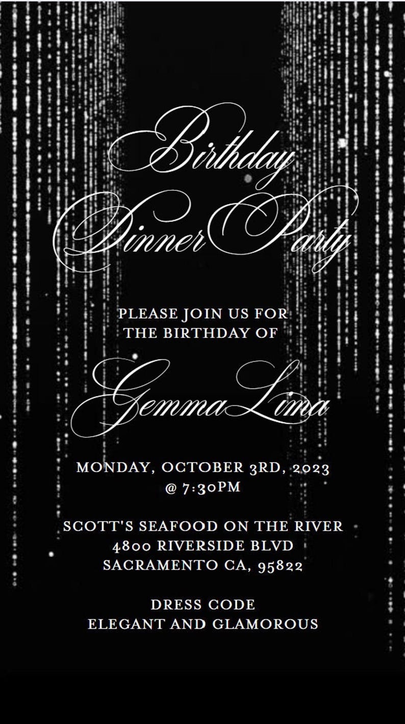 A vertical digital invitation features a black background with silver glitter drip effects at the top and white text reading Birthday Dinner Party for Gemma Lima.