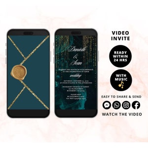 Digitale Teal-Hochzeitsvideoeinladung, elektronische Hochzeit einladen, Goldglitter tropfen, bearbeitbare Einladung personalisiert