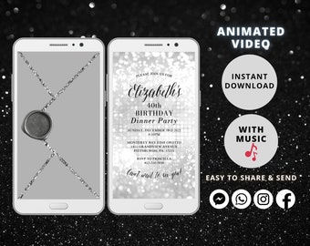 Invitación a cena de cumpleaños con purpurina plateada / Video animado de Evite / Elegante invitación para fiesta de adultos / Descarga digital