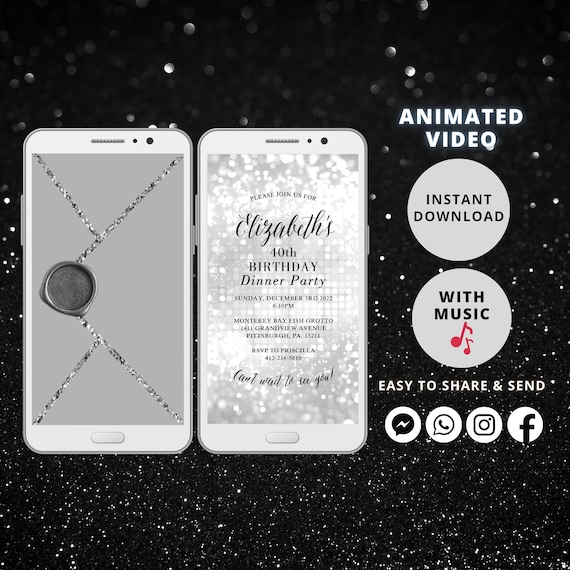 Silver Glitter Birthday Dinner Invitation | Animated Video Evite | Elegant Adult Party Invite | Digital Download