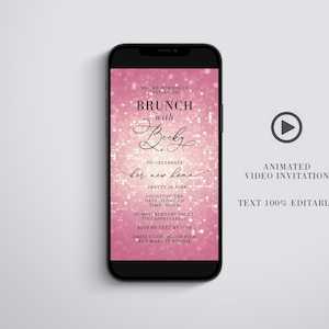 A smartphone showing a pink glittery invitation design next to a play button and the text animated video invitation.