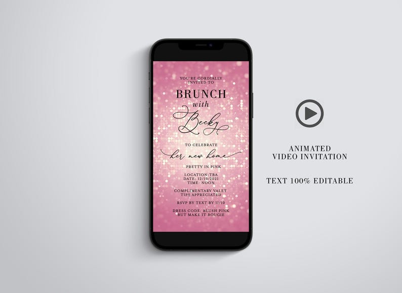A smartphone showing a pink glittery invitation design next to a play button and the text animated video invitation.