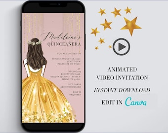 Quinceañera Gold Invitation Video | Animated MP4 Digital Evite | Mis Quince XV Años