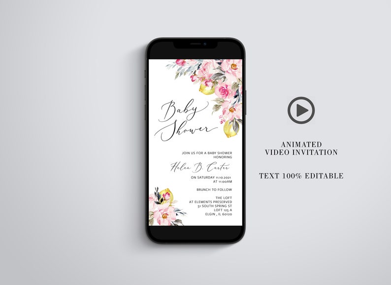 Electronic Invite Lemon Bridal Shower Video Evite Animated Invitation Pink Bridal Shower Video Invitation
