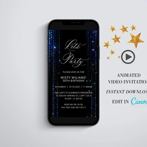 Invitación de video para cumpleaños, invitación animada MP4 con purpurina azul