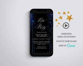 Birthday Video Evite, Blue Glitter MP4 Animated Invitation