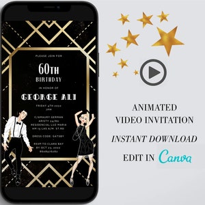 Great Gatsby Birthday Invitation Template, Great Gatsby invite, Roaring Twenties Party, 1920s party invitation, Art Deco Great Gatsby Themed