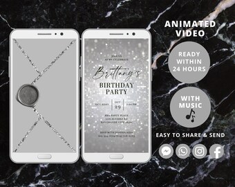Birthday Video Evite, Silver Sparkle Animated MP4 Digital Download
