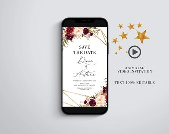 Video Save The Date, Burgundy Floral Wedding Invitation | Canva Text Editable