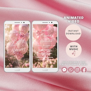 Puede incluir: Invitación animada en video para un baby shower con globos rosas y confeti. La invitación incluye el texto "You are invited to a Baby Shower" y "Honoring Elizabeth Hamilton".