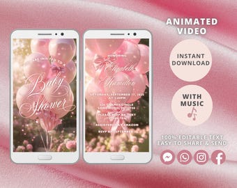 Pink Bow Baby Shower Video Invitation, Animated Girl Coquette Invite, Editable Party Invite, Digital Invitation Template, Instant Download
