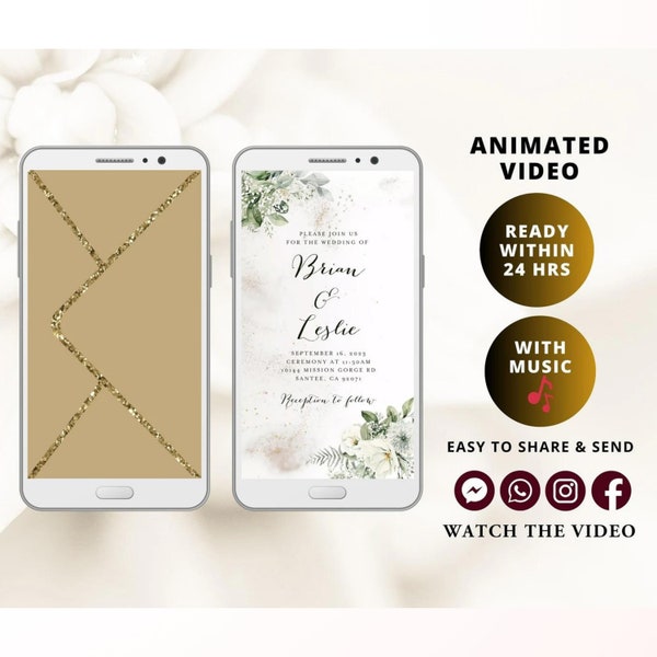 Faire-part de mariage numérique avec poussière de paillettes et fleurs blanches, faire-part de mariage électronique avec enveloppe dorée qui s'ouvre
