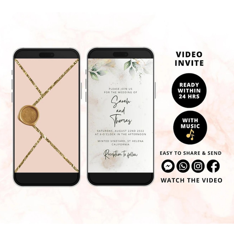 May include: A digital wedding invitation with a green and gold watercolour background. The invitation reads "Please join us for the wedding of Sarah and Thomas" and includes the date, time, and location of the wedding. The invitation also includes a note that says "Reception to follow".