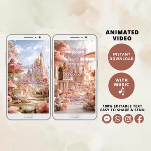May include: Two smartphones displaying a whimsical birthday party invitation with a fairytale castle and mushroom theme. The invitation includes the text "Don't be late for a very important date" and party details. Additional text includes "Animated Video" and "Instant Download."