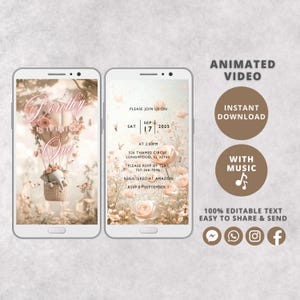 Convite de aniversário em vídeo com balão de ar quente de elefante – Evite festa animada para meninas – Modelo digital editável