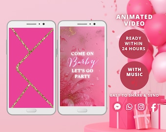 Hot Pink Birthday Video Invitation: Gold Glitter Doll Party (Electronic)