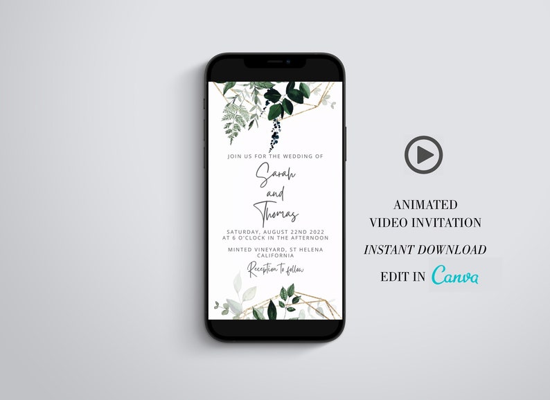 May include: A smartphone screen displaying a wedding invitation with a green and gold floral design. The invitation reads "Join us for the wedding of Sarah and Thomas, Saturday, August 22nd 2022 at 6 o'clock in the afternoon, Minted Vineyard, St Helena California, Reception to follow."