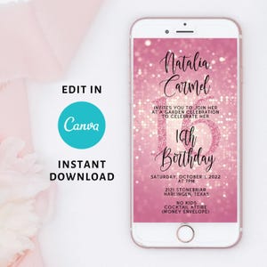 Convite Rosa Sweet 16, Evite em Vídeo com Glitter e Modelo Editável no Canva