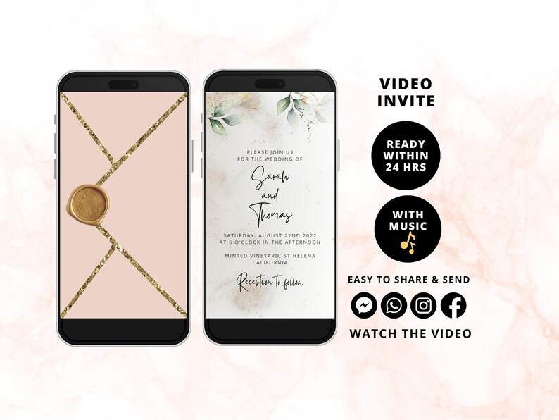 May include: A digital wedding invitation with a watercolour background and gold accents. The invitation reads "Please join us for the wedding of Sarah and Thomas, Saturday, August 22nd 2022 at 6 o'clock in the afternoon, Minted Vineyard, St Helena, California. Reception to follow."
