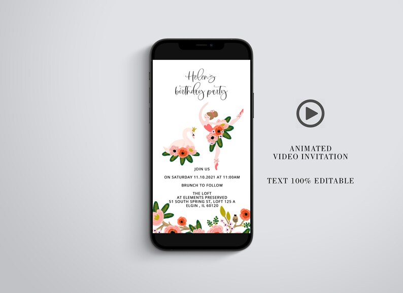 Birthday Video Invitation Ballerina First Birthday Video Evite Animated Invitation Swan Electronic Invite