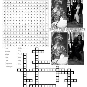 Może przedstawiać: Czarno-biały arkusz aktywności zatytułowany KEMI'S BIRTHDAY PUZZLES zawierający wykreślankę, grę typu znajdź różnice z dwoma zdjęciami osoby oraz krzyżówkę ze wskazówkami Across i Down na przyjęcie urodzinowe.