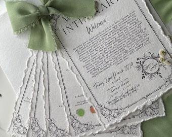 Handgefertigte Hochzeitseinladung mit zusätzlichen Seiten. Bis zu 4/5 Seiten. Klassische, traditionelle, salbeigrüne Einladungen für Veranstaltungen