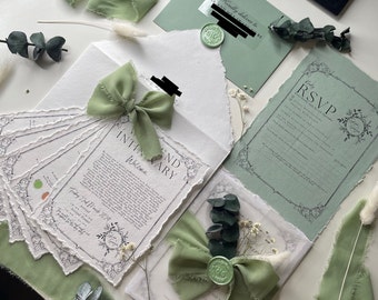 Handmade Wedding Invites Classic, Traditional, Sage Invitations for events, RSVP, Additional Pages Full Invite Bundle. Wax seal included