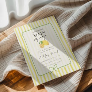 Invitación para despedida de soltera "Ella encontró su pareja ideal", invitación para despedida de soltera con limón, tarjeta imprimible y digital con temática de cítricos amarillos.