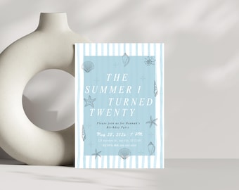 The Summer I Turned Pretty Any Age Birthday Party Invitation, Coastal Blue Seashell Birthday Invite, Summer Bday Printable and Digital Card