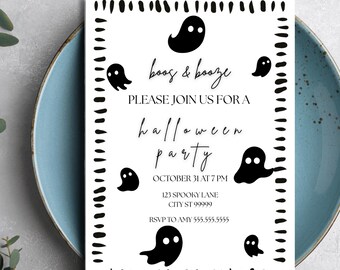 Boos and Booze Halloween Party Invitation, Spooky Ghost Editable Template, Halloween Costume and Cocktail Party Invite for Adults