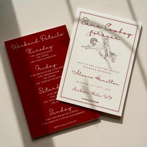 May include: A cream-coloured invitation card with a dark red border and a sketch of a person riding a bucking horse, featuring the text Same Cowboy forever, Alexis Hamilton, October 21st-24th, 2026, and a dark red card with weekend details.