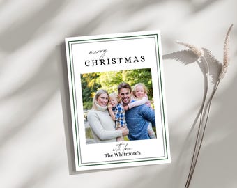 Biglietto di auguri di Natale verde con foto, auguri di Natale minimali, modello di Natale modificabile per famiglie, biglietto di auguri con foto di famiglia stampabile