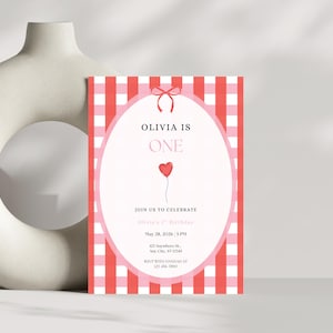 Red and Pink Gingham Girl First Birthday Invitation, Heart Balloon and Bow 1st Bday Invite, Girl is One Birthday Printable And Digital Card
