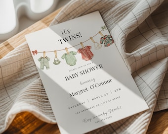 It’s Twins Baby Shower Invitation, Boy and Girl Neutral Clothesline Invite, Twin Baby Shower Announcement, Printable and Digital Invite