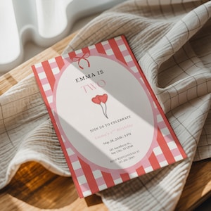 Pink & Red Gingham 2nd Birthday Party Invitation, Girl second Birthday Invite, 2 Heart Balloon, Printable and Digital She is Two Bday Invite