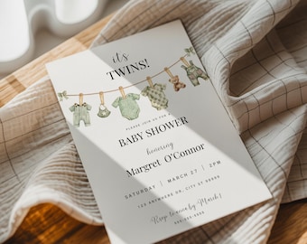 It’s Twins Baby Shower Invitation, Twin Boys Clothesline Invite, Twin Boy Baby Shower Announcement, Printable and Digital Invite