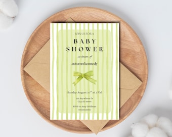 Green Baby Shower Invitation Template, Gender Neutral Baby Shower Invite, Printable and Digital Baby Announcement Card, Green Bow Card