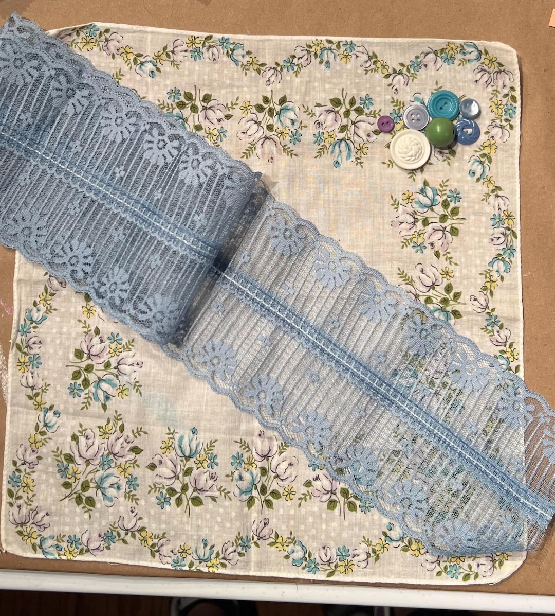 Vintage Sewing Bundle, Blue Lace, Floral Handkerchief, Buttons - Etsy