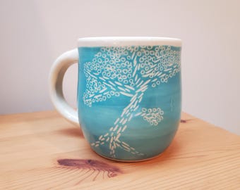 Tree Mug Handmade Etched Ceramic