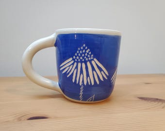 Coneflower Mug Handmade Etched Ceramic