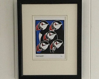 Five Puffins. Hand Printed Limited Edition Linocut Design