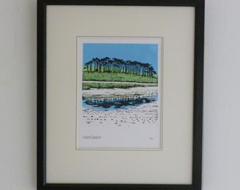 Otterhead, Budleigh Salterton, Devon.  Hand Printed Reduction Linocut Design