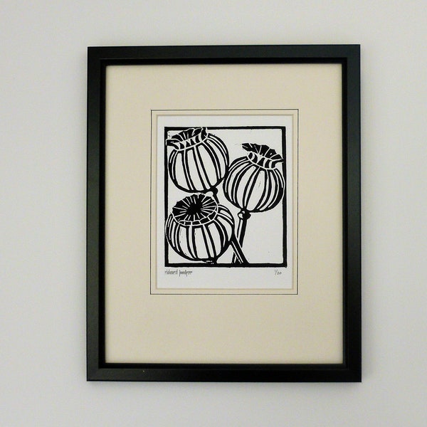 Poppy Seed Heads. Hand Printed Limited Edition Linocut Design